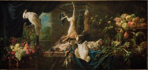 Stilleben: vilt, grönsaker, frukt, kakadua